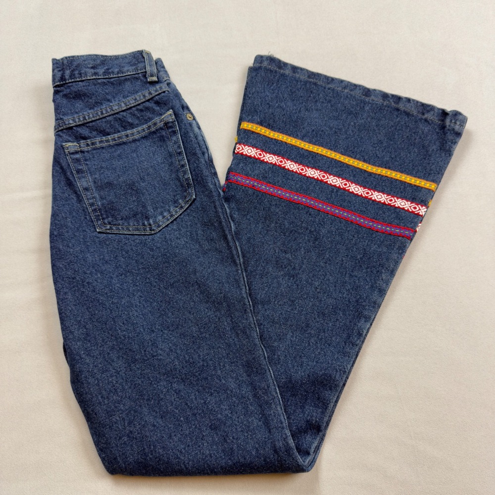 R4R Rave 4 Real Vintage Flare Jeans Embroidered Ribbon Trim Wide Leg Blue Size 1